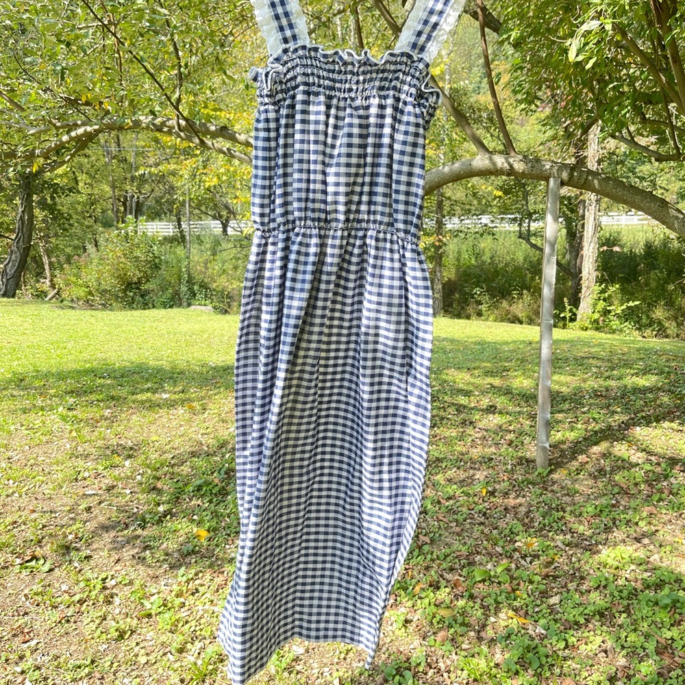 Beautiful blue and white gingham hand made dress. Not sized.